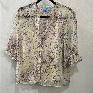 CeCe Sheer Floral Button-Front Ruffle Sleeve Blouse in Cream, Purple, Yellow